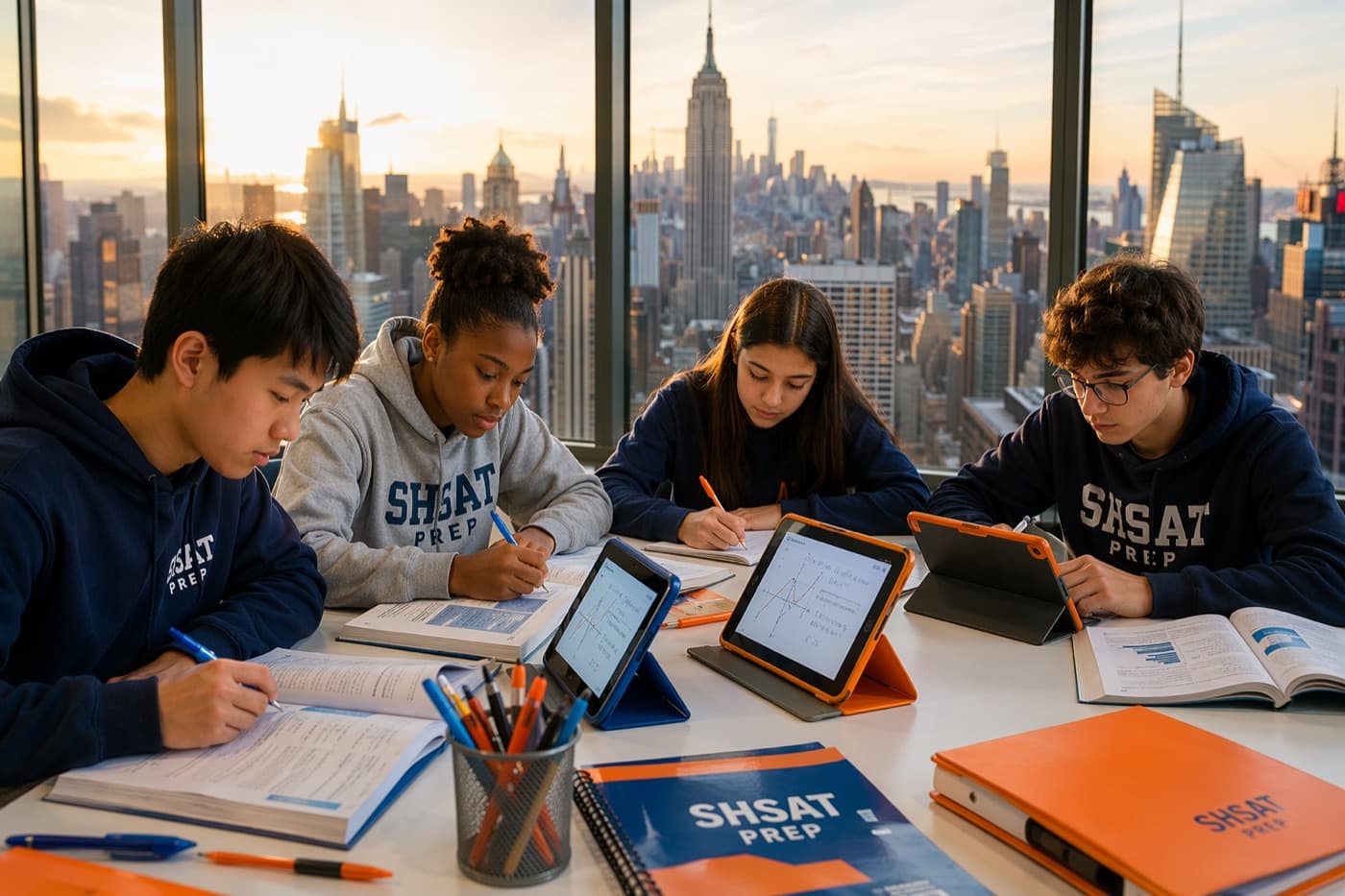 Four middle-school students studying together at a table, the Manhattan skyline behind them.